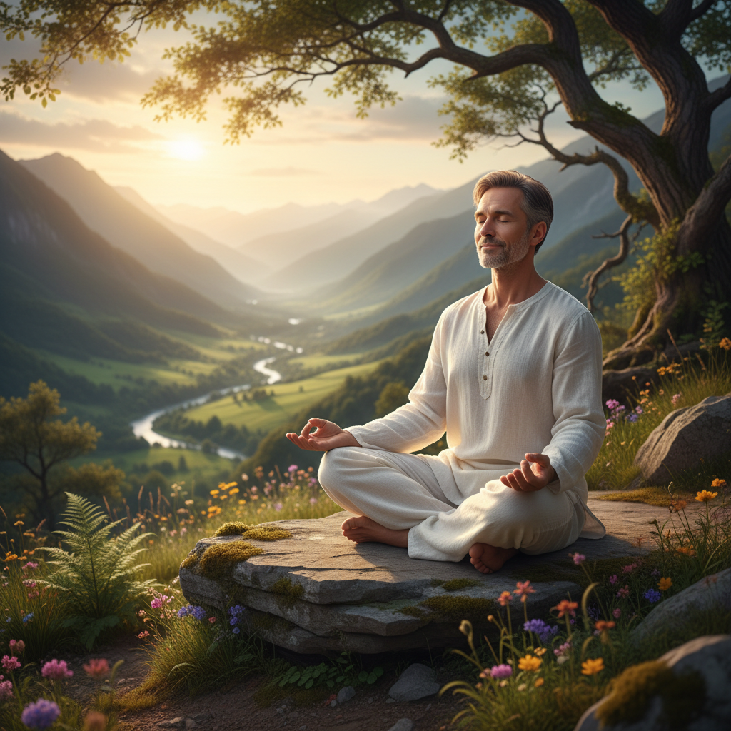 Pria paruh baya bermeditasi di alam terbuka dengan ekspresi tenang
